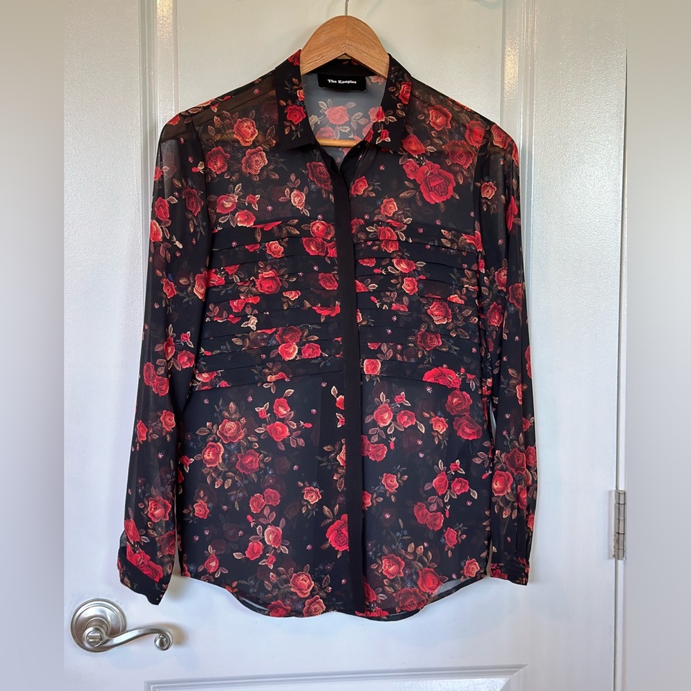 The Kooples Sheer Long Sleeve Button Up Blouse roses XXS